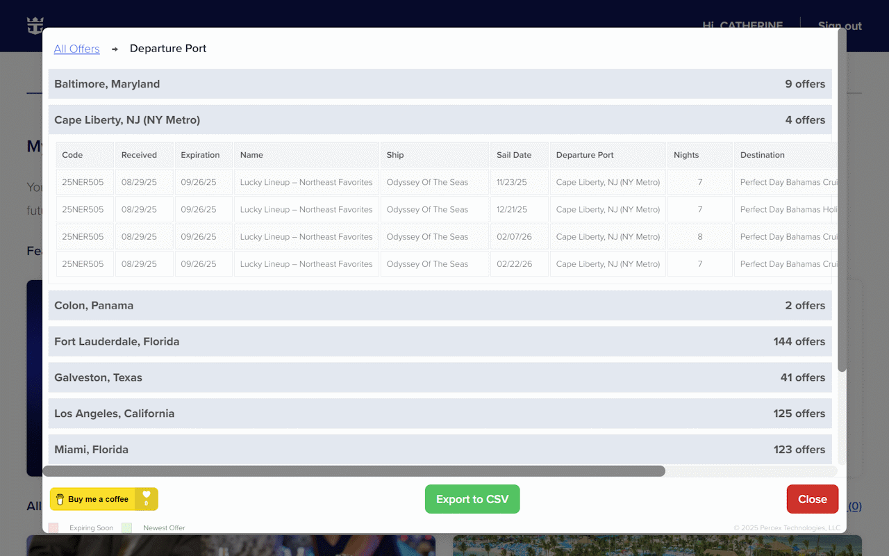 Screenshot of grouped accordion casino offers