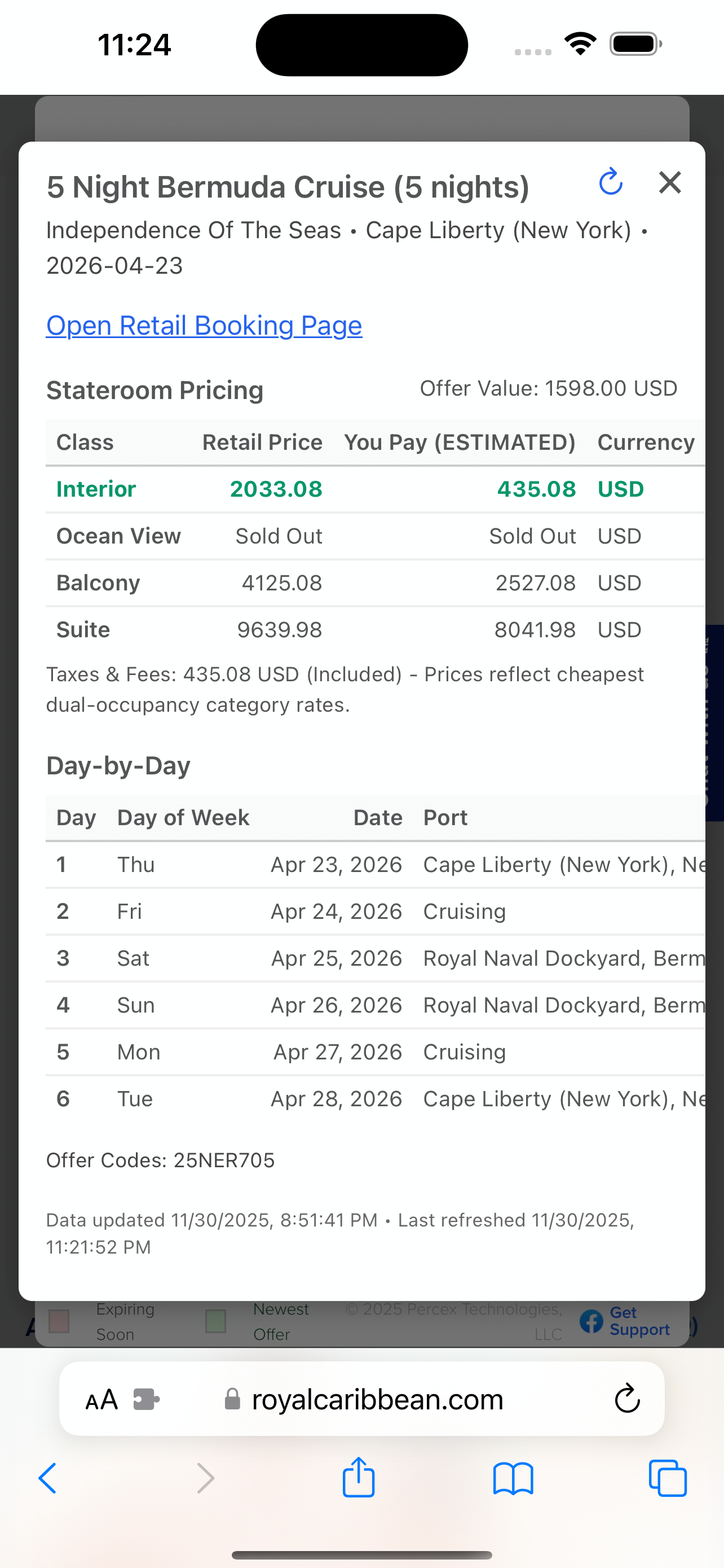 Itinerary popup on iPhone