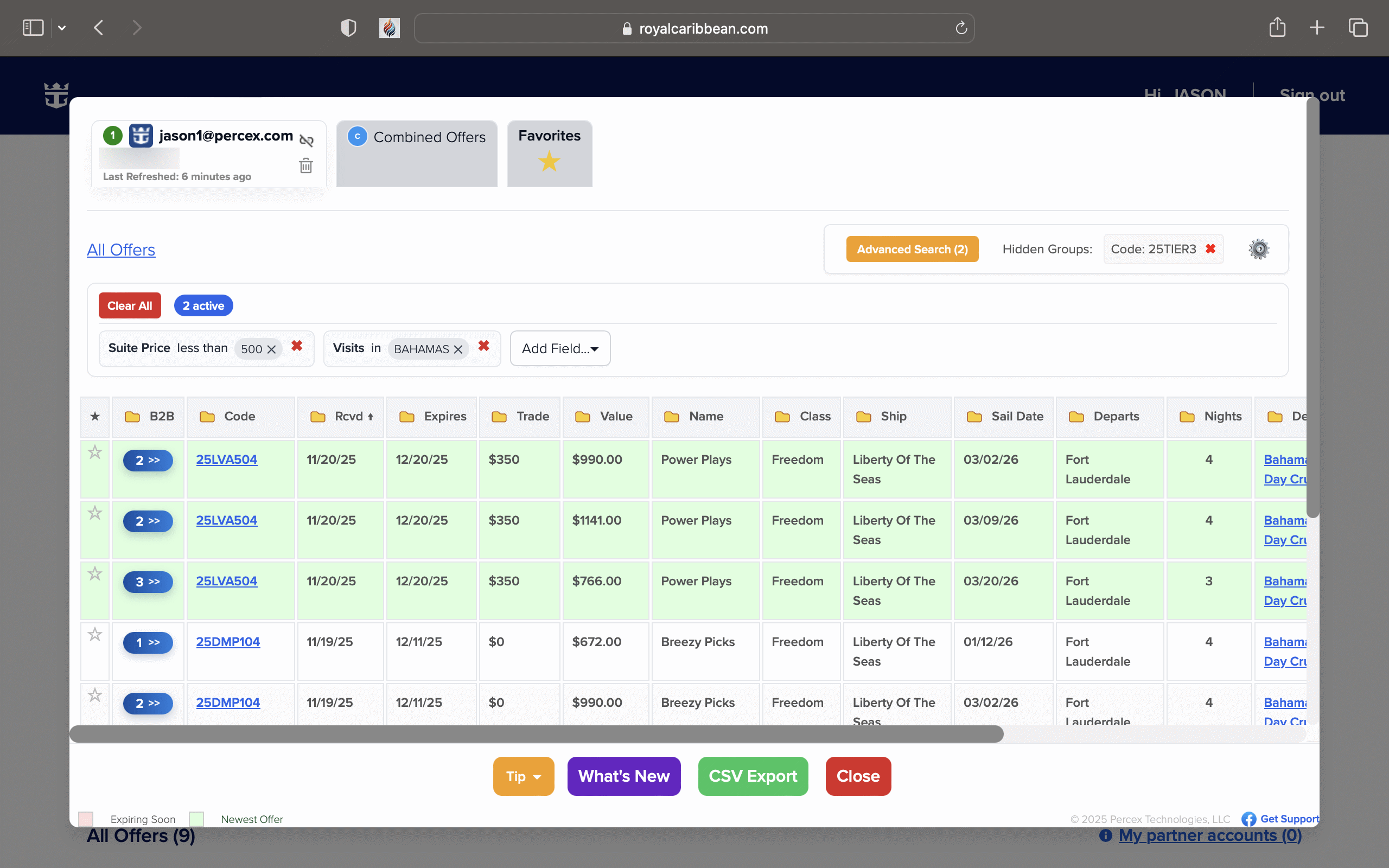 MacBook screenshot of Cruise Offers Viewer search tools