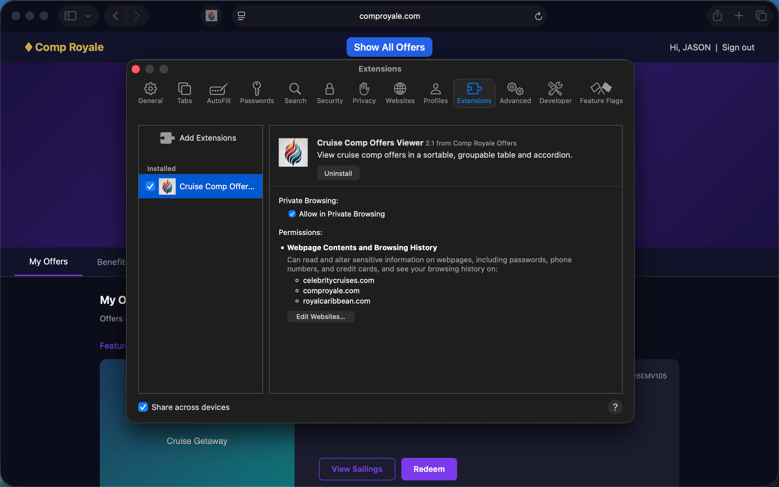 Safari extension settings screen